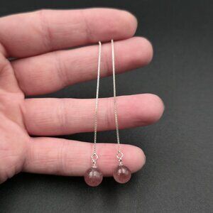 Sterling Silver Strawberry Quartz Long Chain Earrings A7015